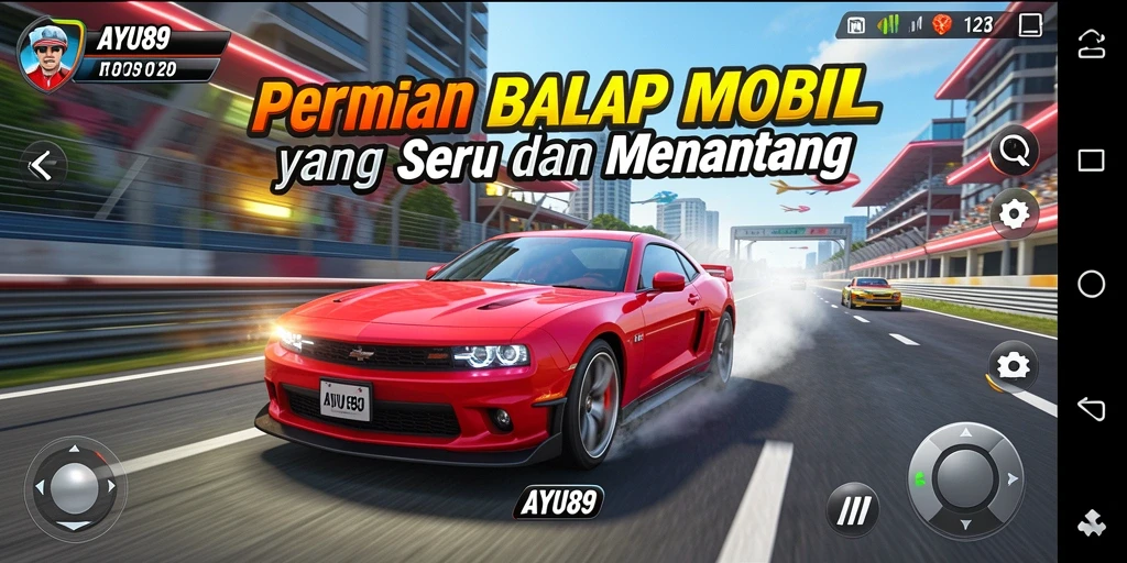 Gameplay AYU89 menunjukkan balap mobil yang mendebarkan di lintasan yang dinamis.