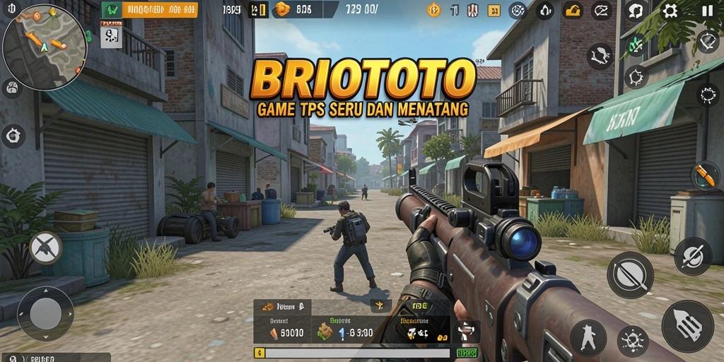 Tangkapan layar gameplay BRIOTOTO yang menampilkan aksi tembak-menembak seru.