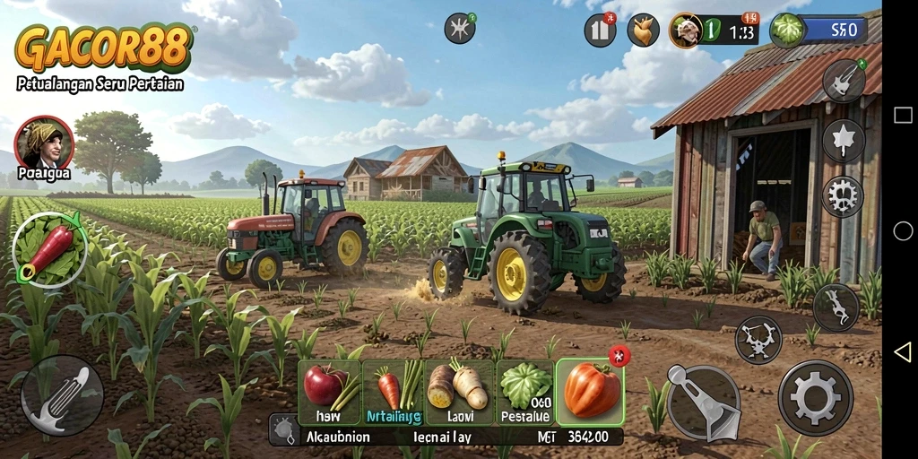 Screenshot gameplay GACOR88 menunjukkan suasana pertanian yang hidup.