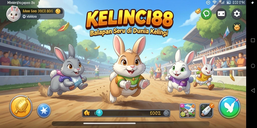 Tampilan layar permainan KELINCI88 dengan kelinci balapan di trek.