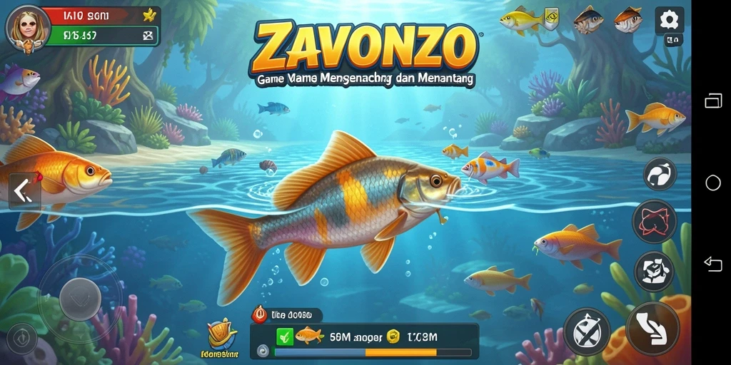 Tampilan gameplay ZAVONZO yang menampilkan aksi memancing yang seru.